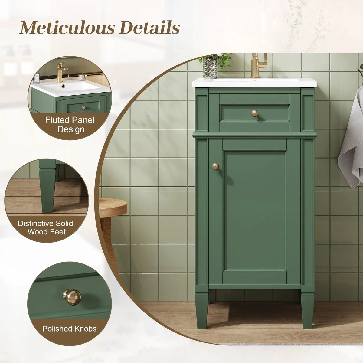 French Style Bathroom Vanity | Integrated Ceramic Sink | Fluted Panels | Solid Wood Legs