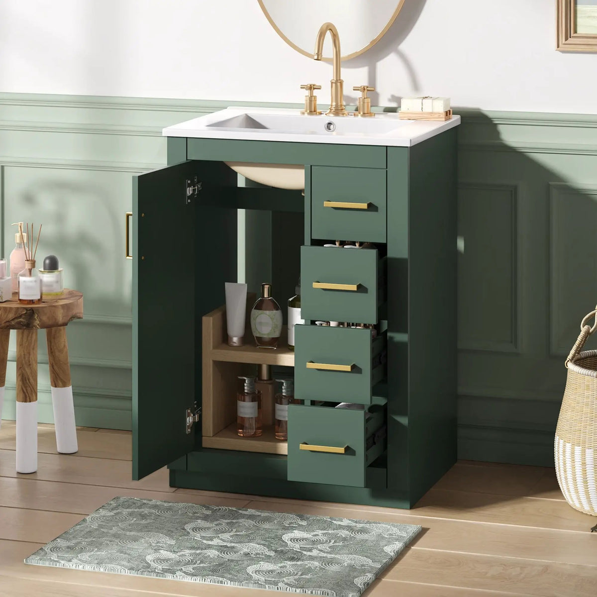 24 Inch Modern Bathroom Vanity | 1 Door 3 Drawers | Ceramic Sink | Compact Footprint