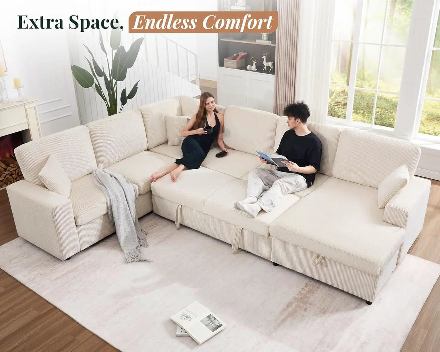 130Inch Beige Upholstered Sleeper Sofa With Storage from PriceLows™