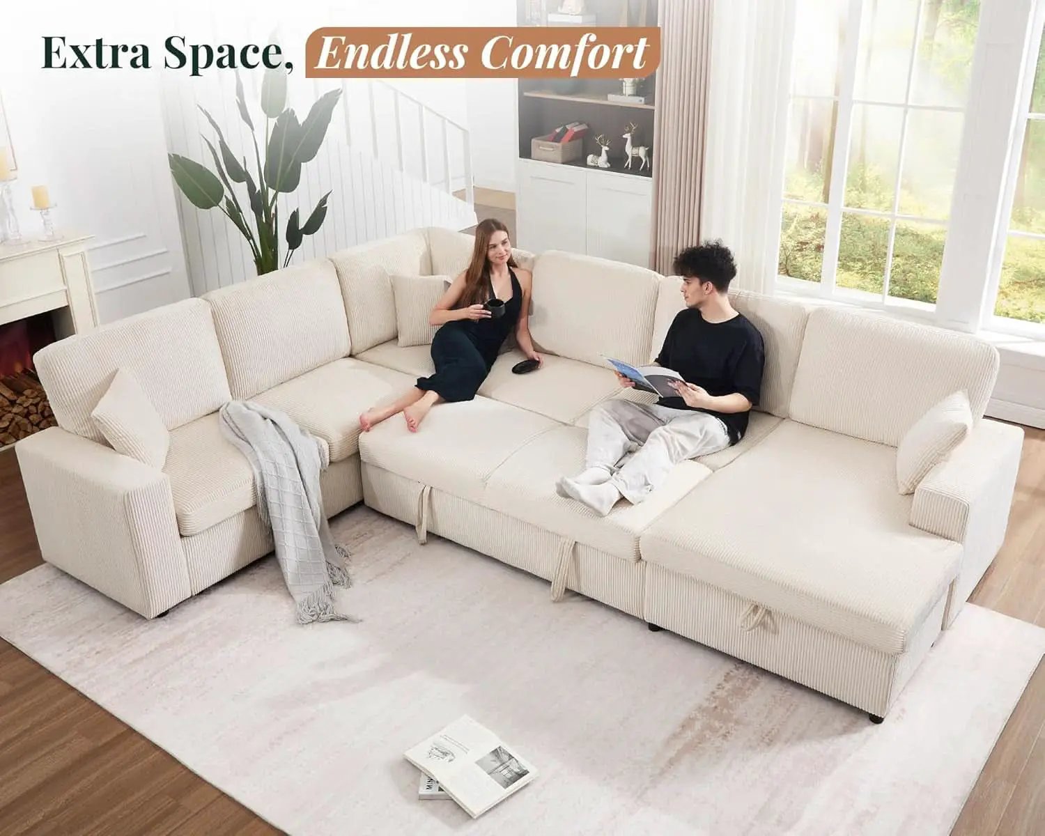 130Inch Beige Upholstered Sleeper Sofa With Storage from PriceLows™