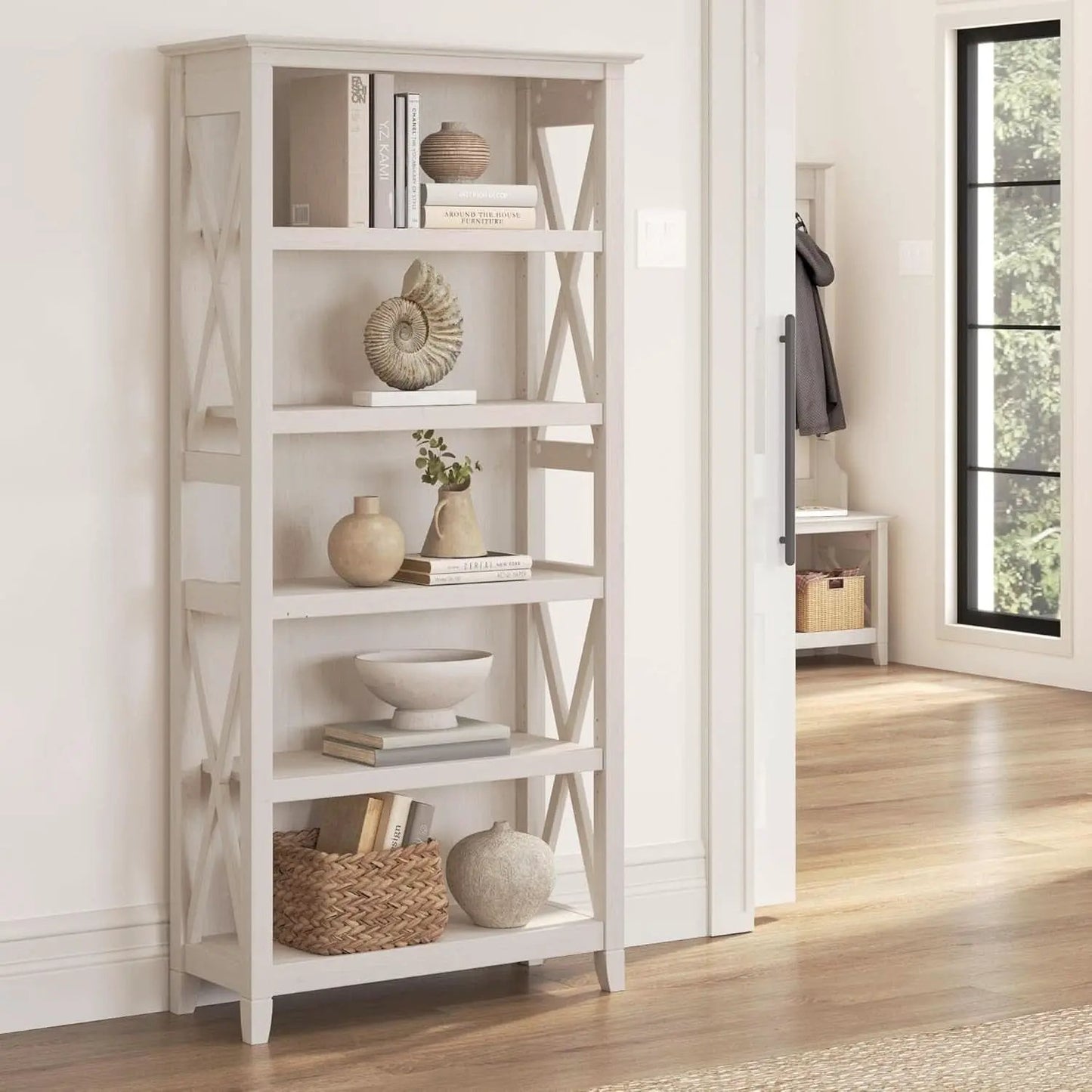 Tall 5 Shelf Bookcase Linen White Oak Modern Farmhouse from PriceLows™