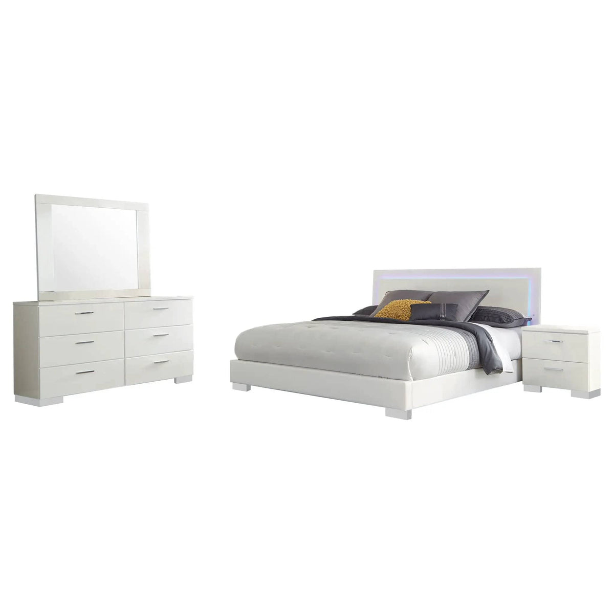 Felicity 4-piece Queen Bedroom Set White High Gloss | 4-Piece Set | Faux Leather & Metal | Bedroom