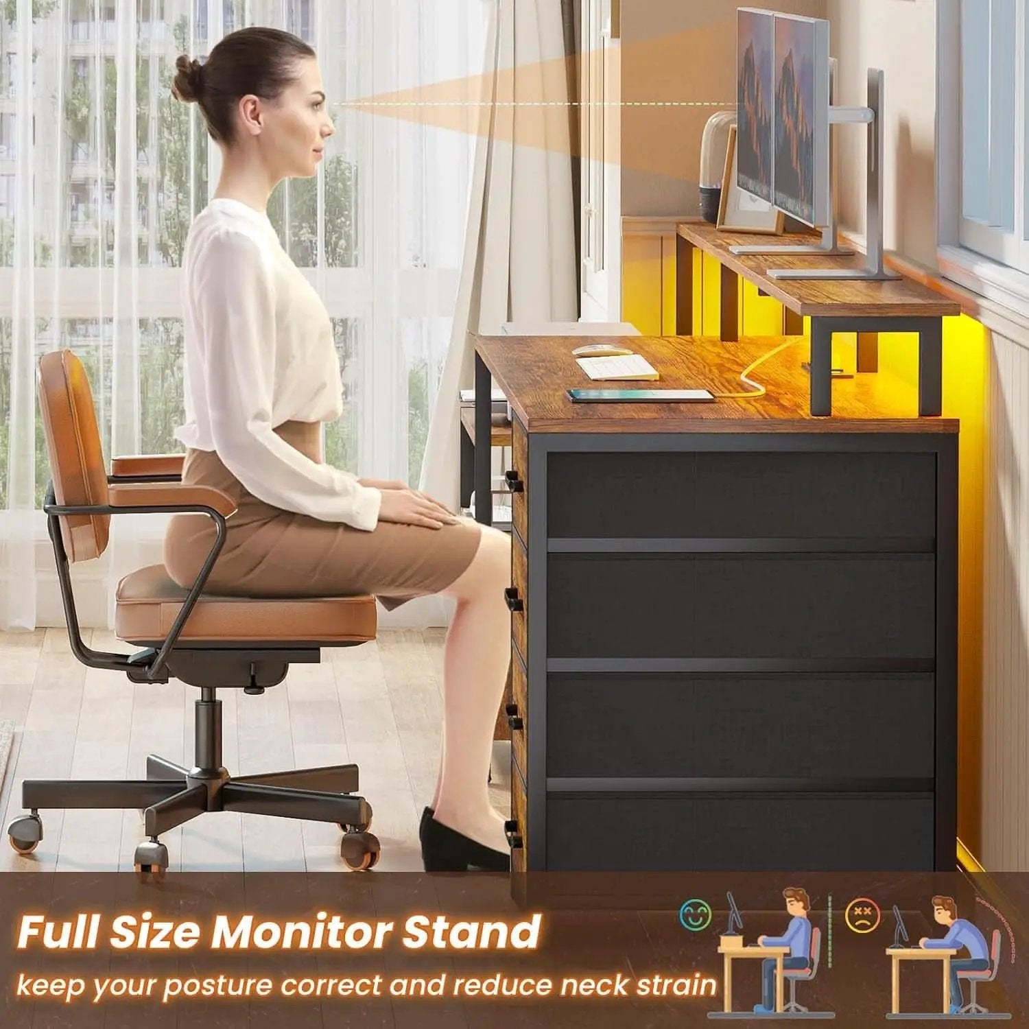 66 Inch Home Office Desk Rustic Brown Durable Construction from PriceLows™
