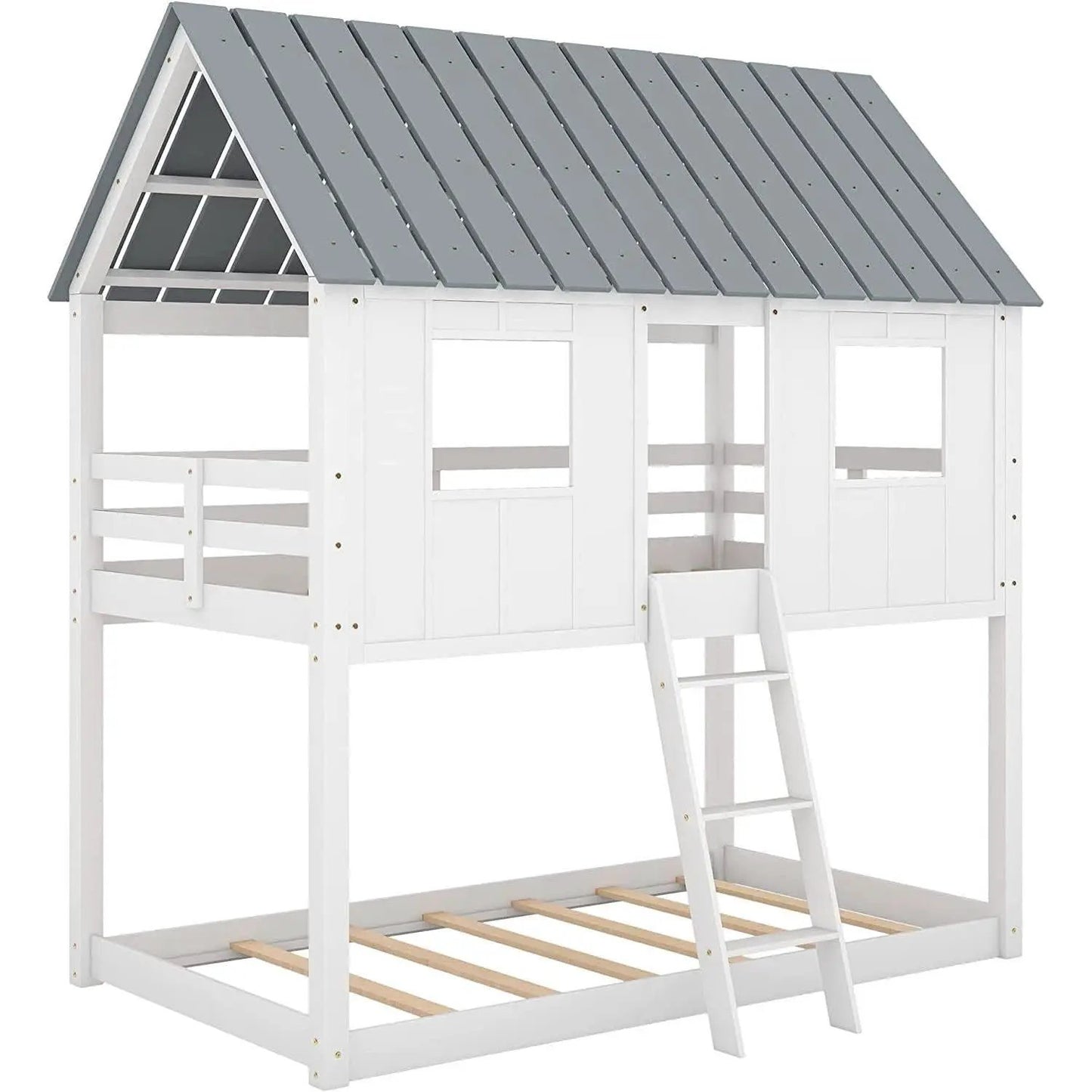 Twin House Bunk Bed With Playhouse White And Gray Finish from PriceLows™