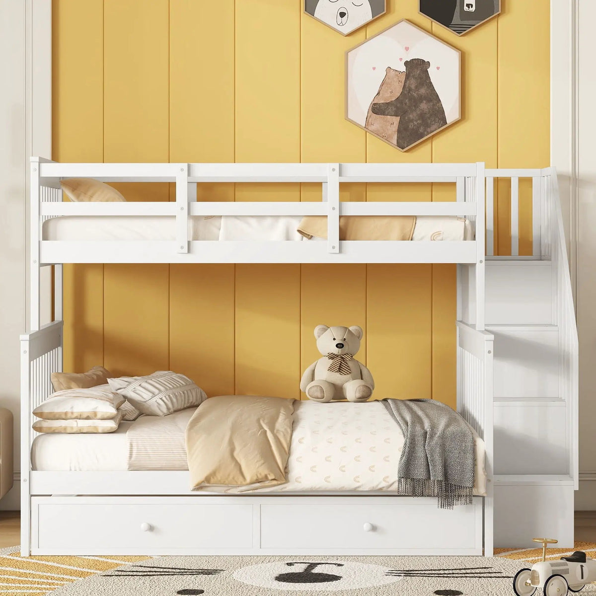 Twin Bunk Bed With Trundle | Hidden Stair Storage | Guard Rail | Bedroom Furniture