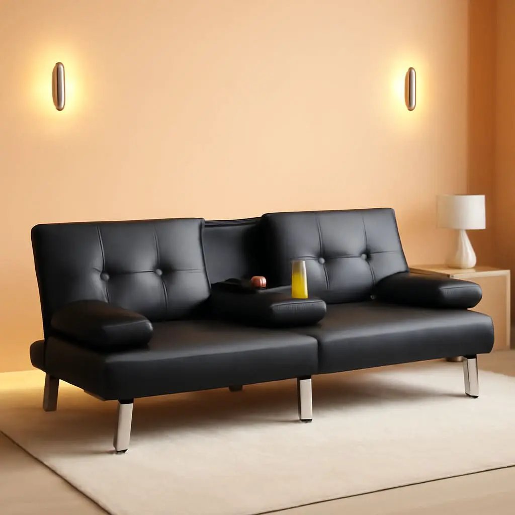 Convertible Sofa Bed Black Faux Leather With Cup Holders from PriceLows™