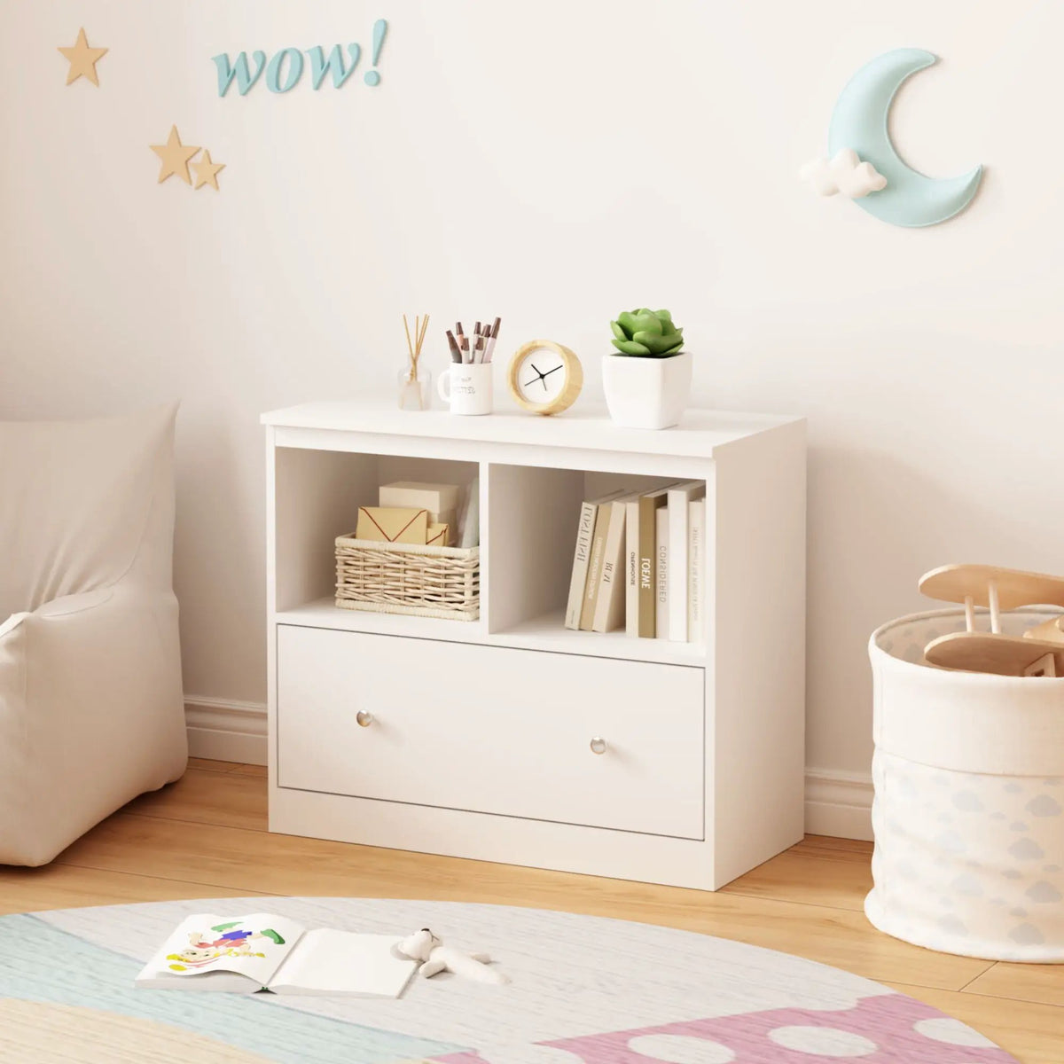 Toy Storage Organizer | 2 Open Shelves | Deep Drawer | White