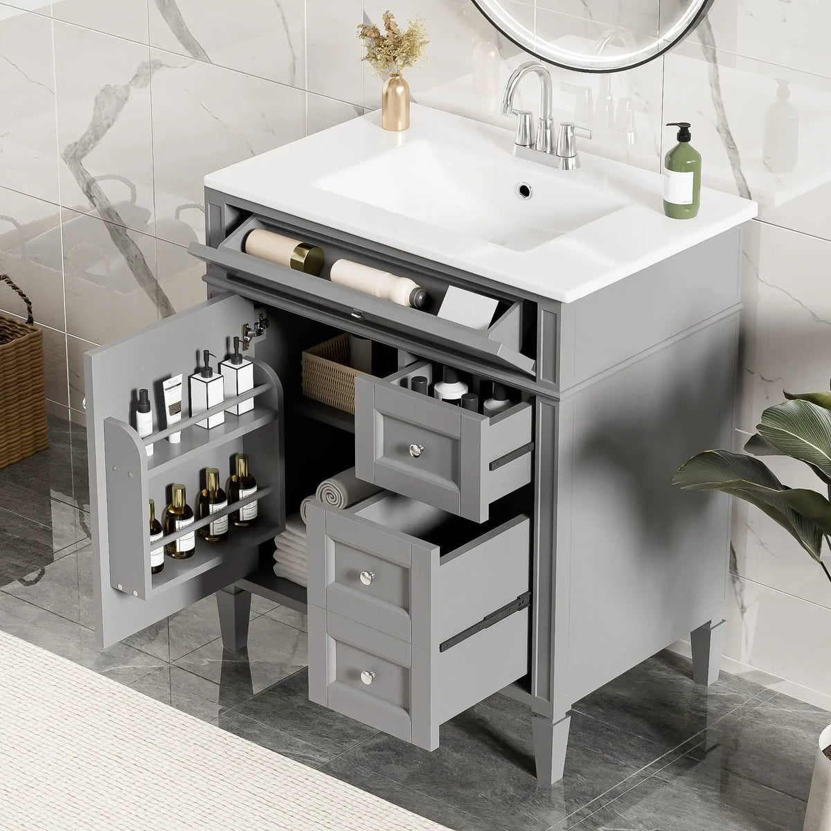 30 Inch Bathroom Vanity With Top Sink | 2 Drawers | Tip-Out Drawer | Vintage-Inspired Handles