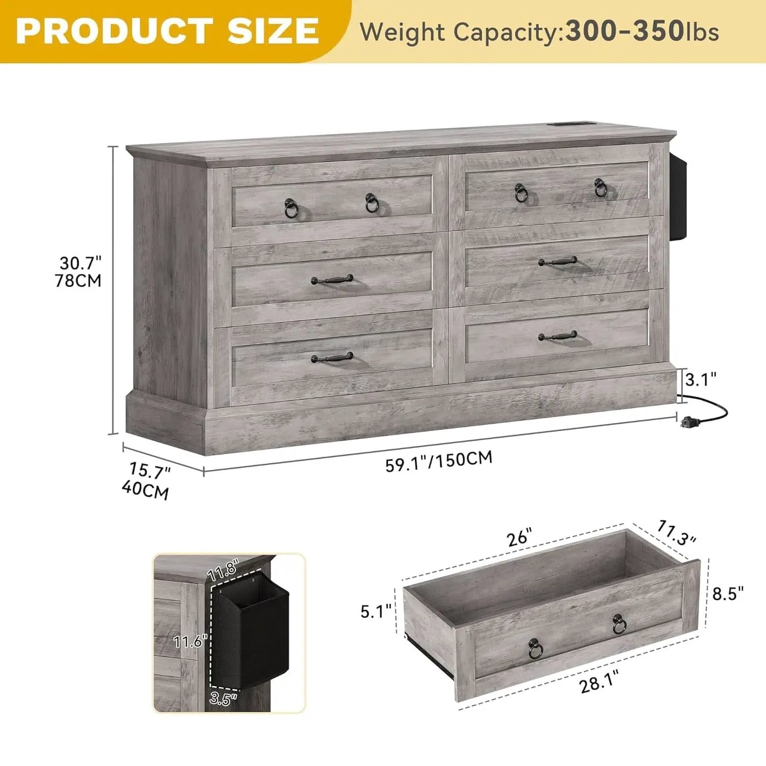 Grey Farmhouse 6 Drawer Dresser 59 Inch Wide With Air Purifier from PriceLows™