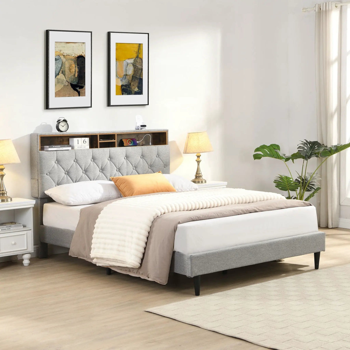 Upholstered Platform Bed Frame | Button Tufted Headboard | Two Storage Compartments | USB Ports And Outlets