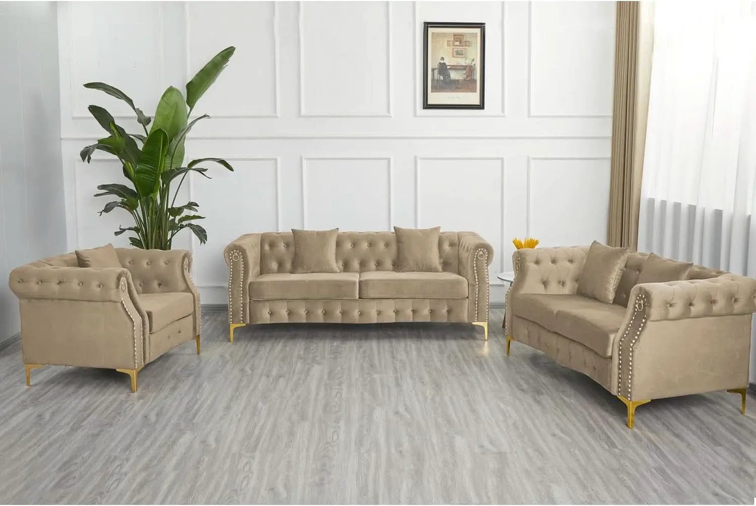 Three Piece Living Room Set Mid Century Sofa Armchair Loveseat Beige With Button Tufting And Nailhead Trim from PriceLows™