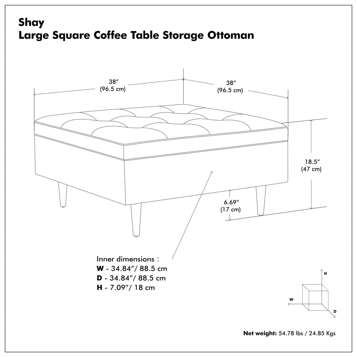 Shay Large Square Storage Ottoman | Coffee Table Design | Hydraulic Lift-Up Lid | Mid-Century Style
