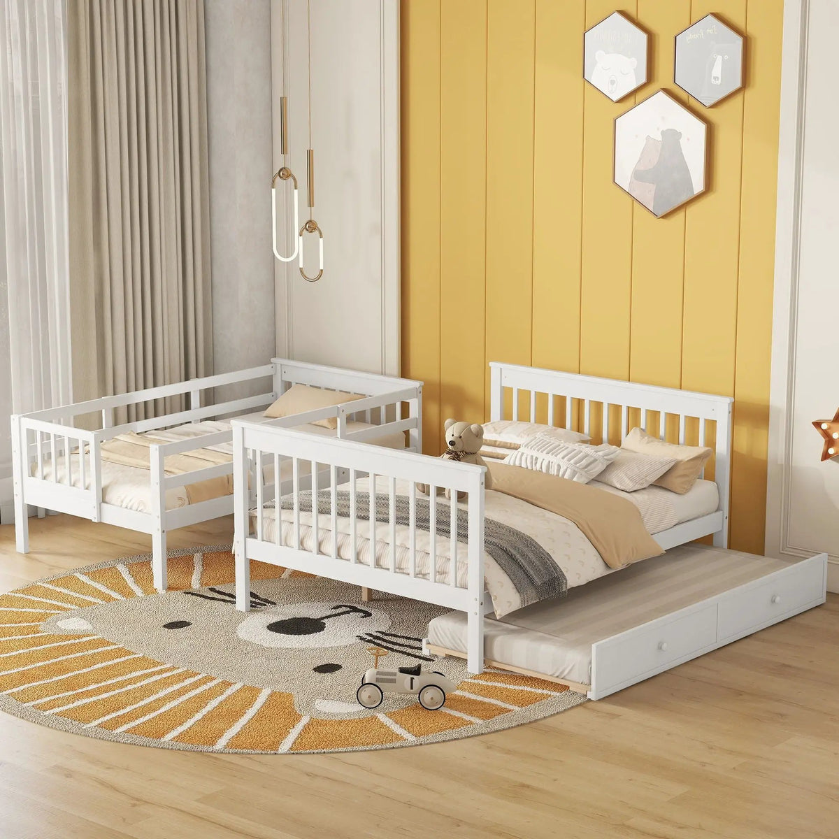 Twin Bunk Bed With Trundle | Hidden Stair Storage | Guard Rail | Bedroom Furniture