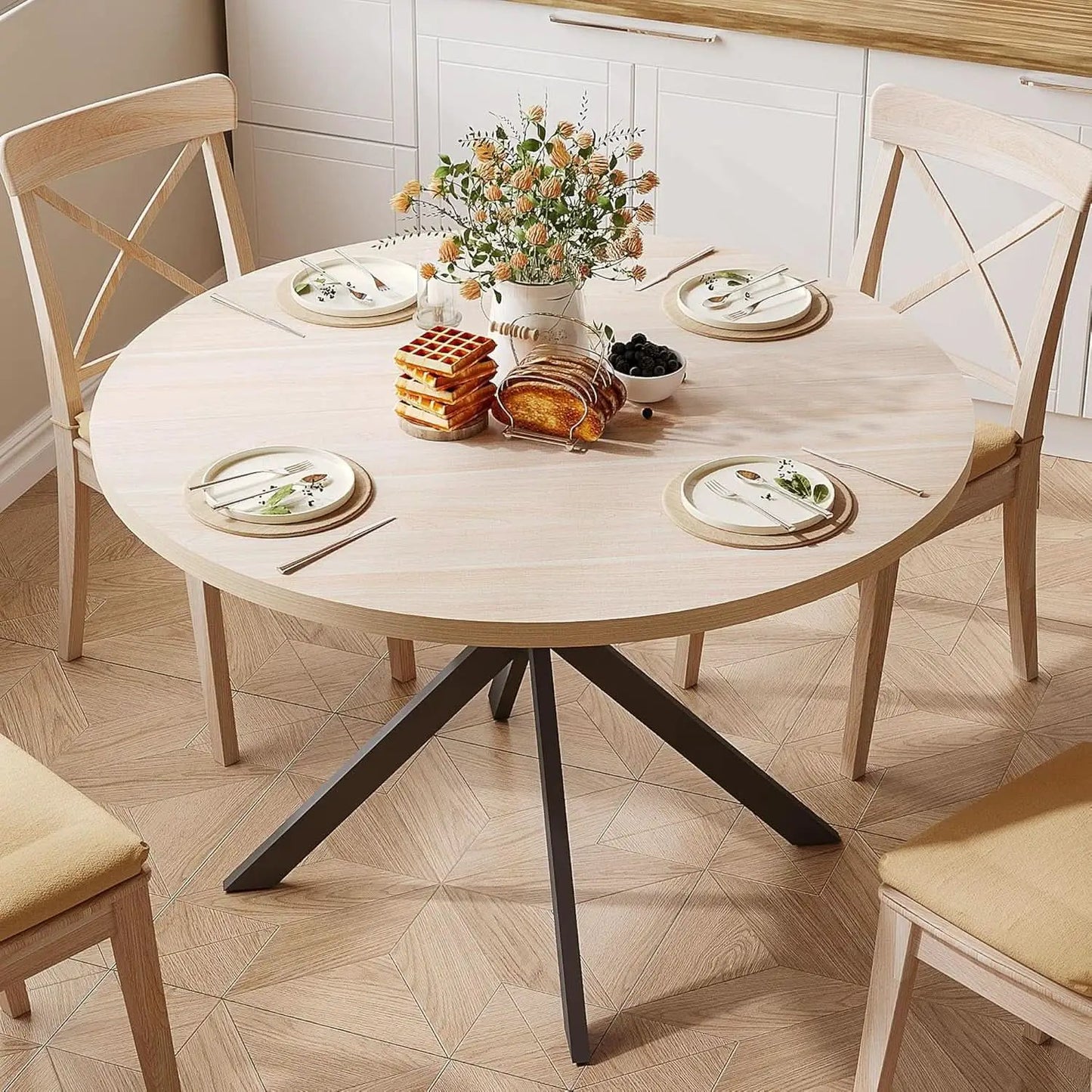 Round 47 Inch Circular Dining Table Natural Oak Finish from PriceLows™