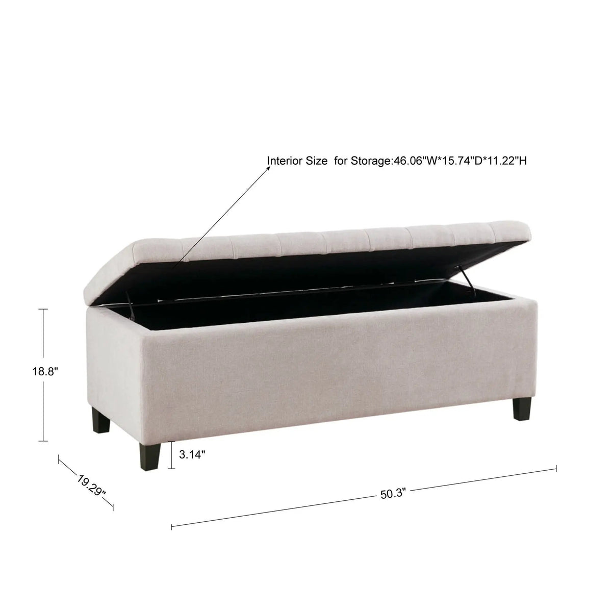 Tufted Soft Close Storage Bench | Button Tufted Top | Solid Wood Legs | 49 Inch Width