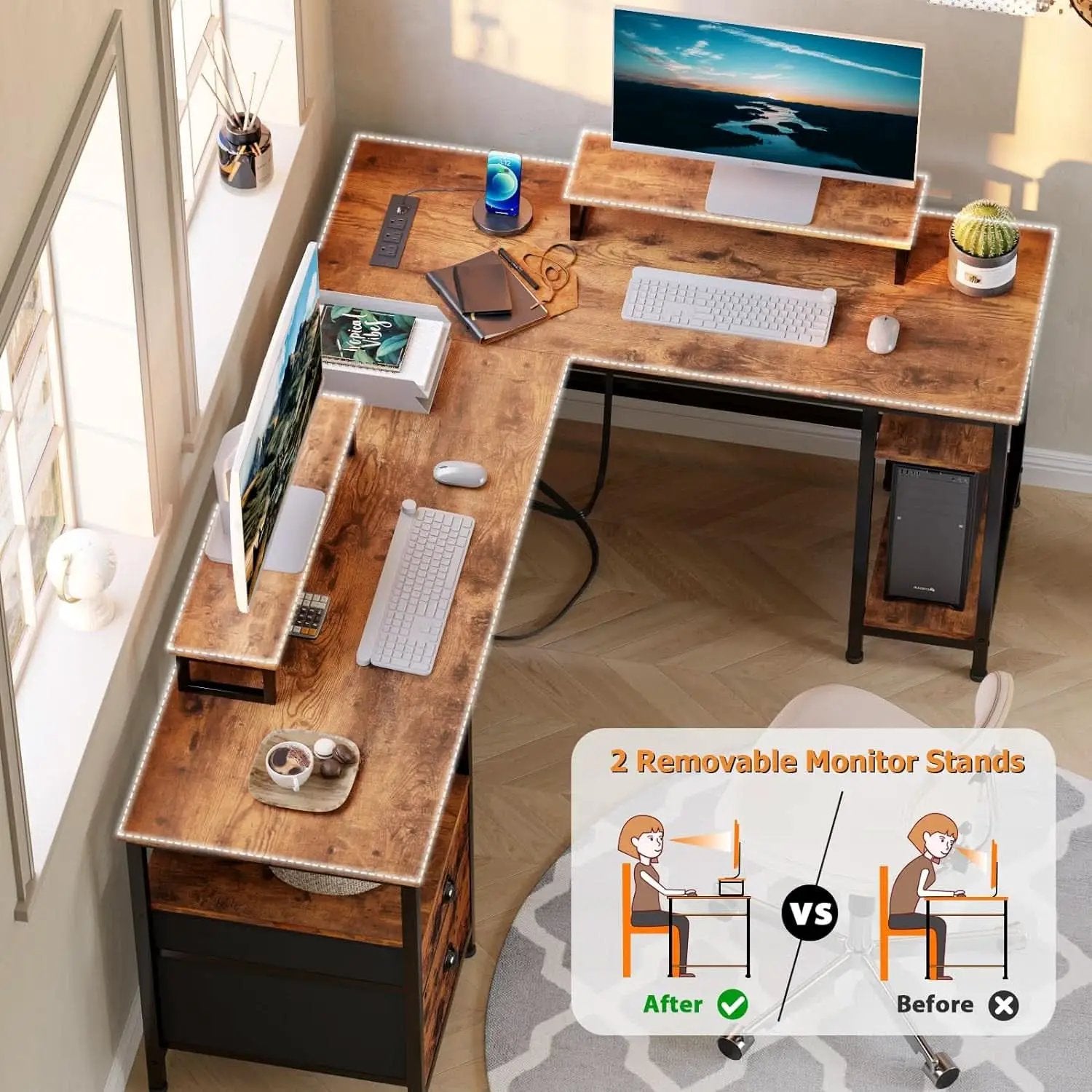 66 Inch Rustic Brown L Shaped Desk With Power Outlet from PriceLows™