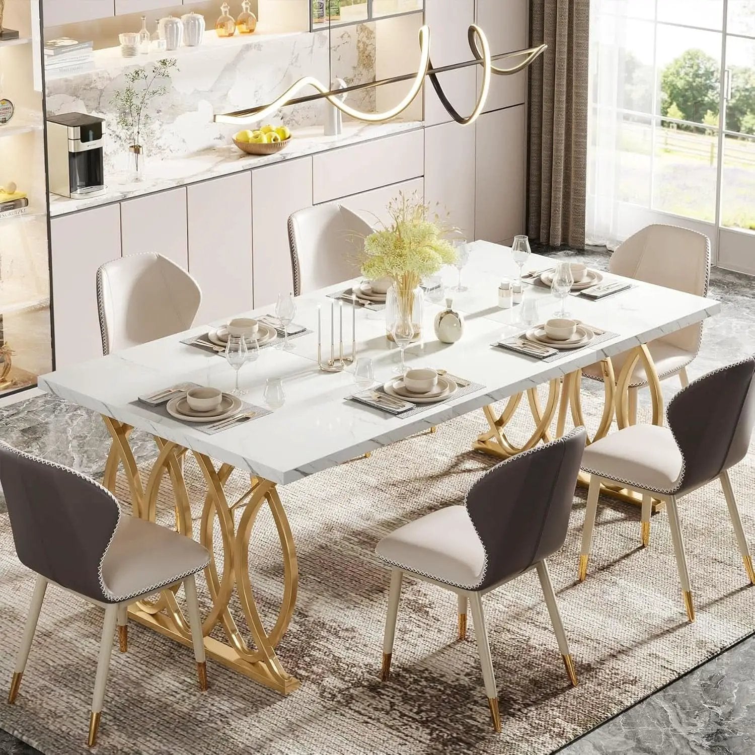 63 Inch Dining Table With Faux Marble Top For Kitchen And Dining Room from PriceLows™
