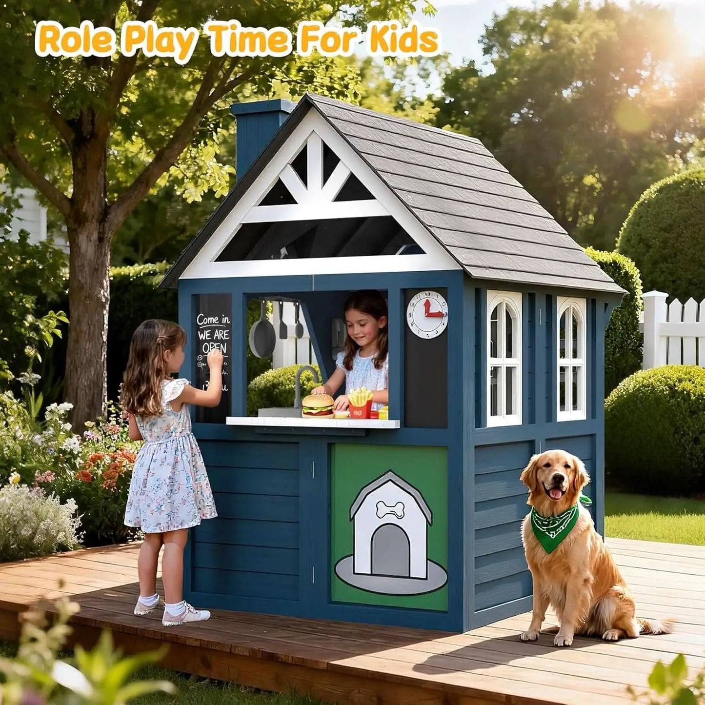 Blue Cedarwood Kids Playhouse Weather Resistant Outdoor from PriceLows™