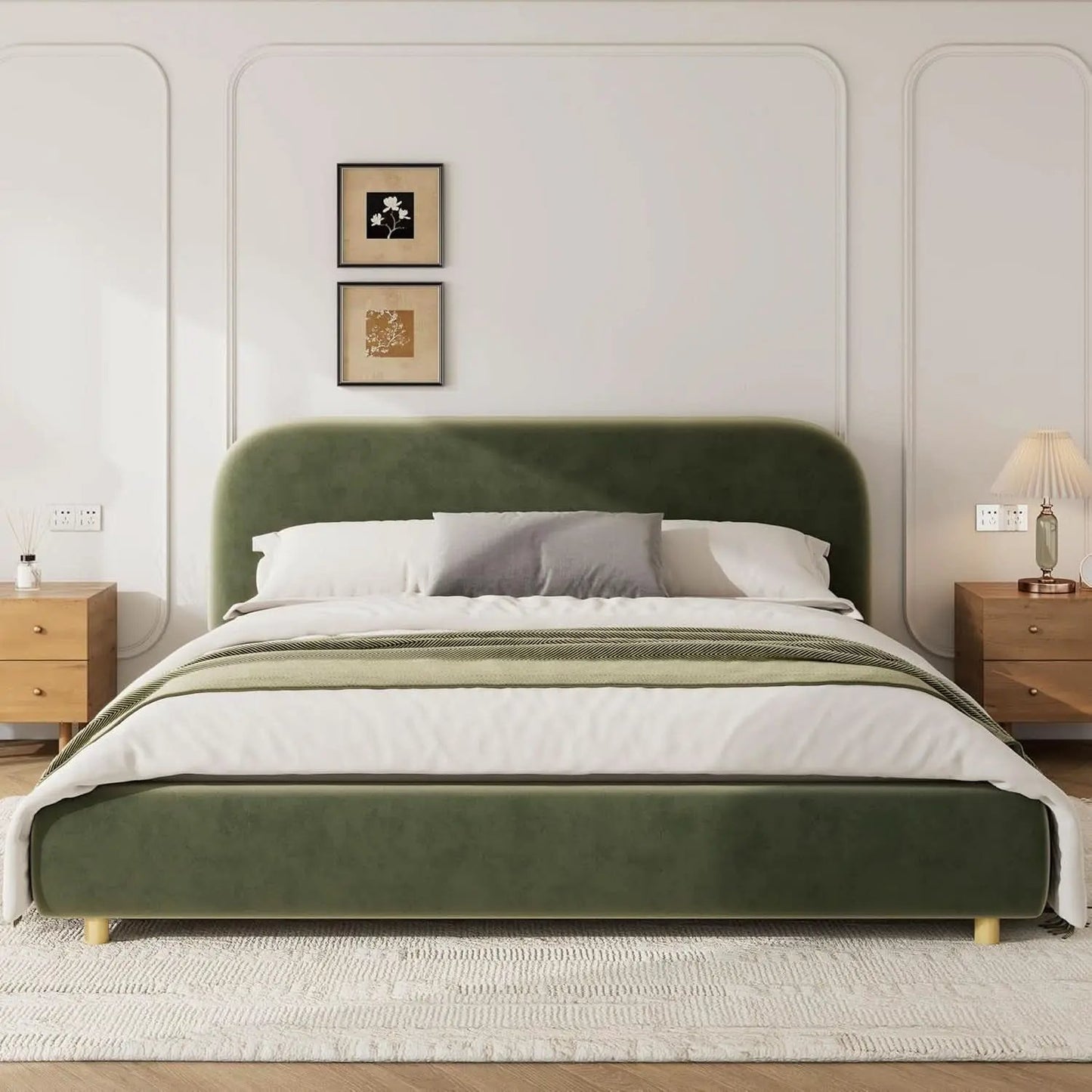 King Size Olive Green Boucle Upholstered Platform Bed from PriceLows™