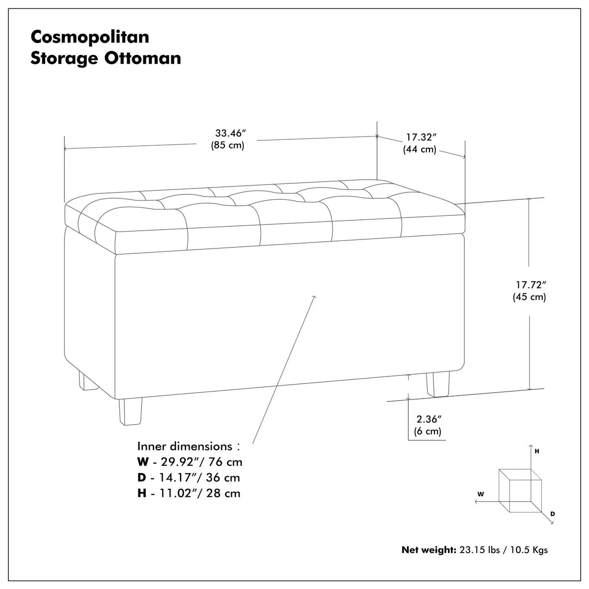 Cosmopolitan Upholstered Storage Ottoman | Child Safety Hinge | Large Interior Storage | 33.5 Inch Length