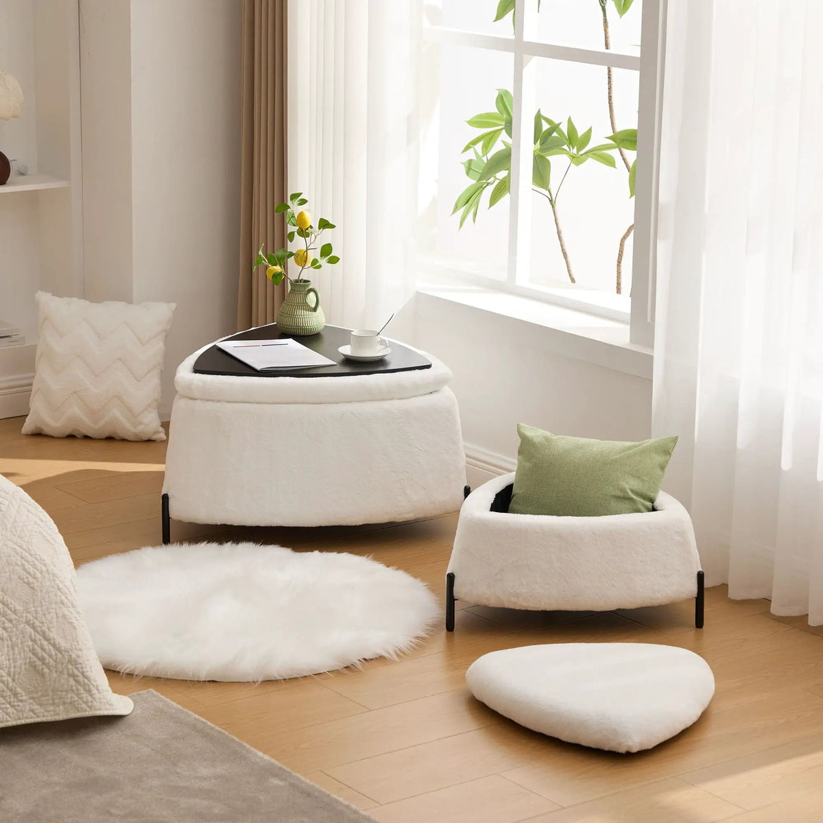Storage Ottoman Set | Upholstered Faux Fur | Reversible Lid | Solid Wood Frame