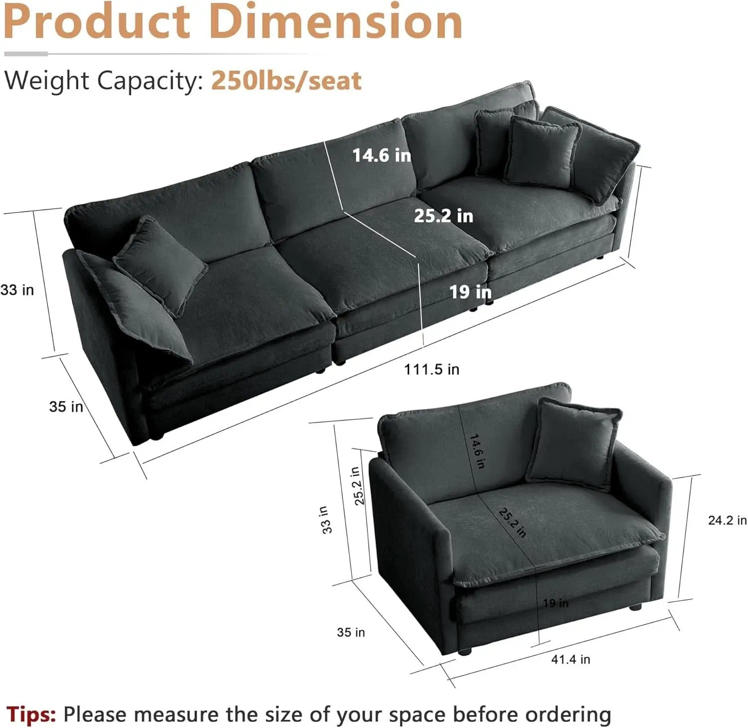 Grey Chenille 3 Piece Sofa Set With Two Single Sofas And One 3 Seater from PriceLows™