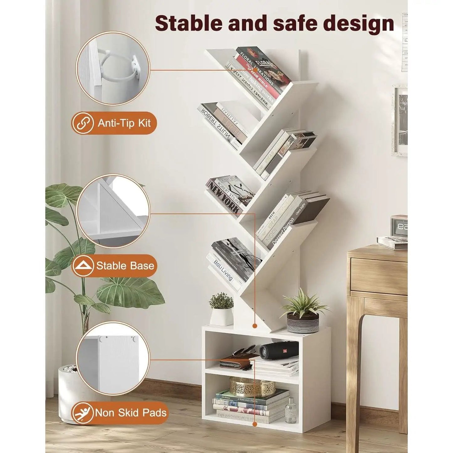 6 Tier Tree Bookshelf Tall Bookcase With Storage Cabinet White from PriceLows™