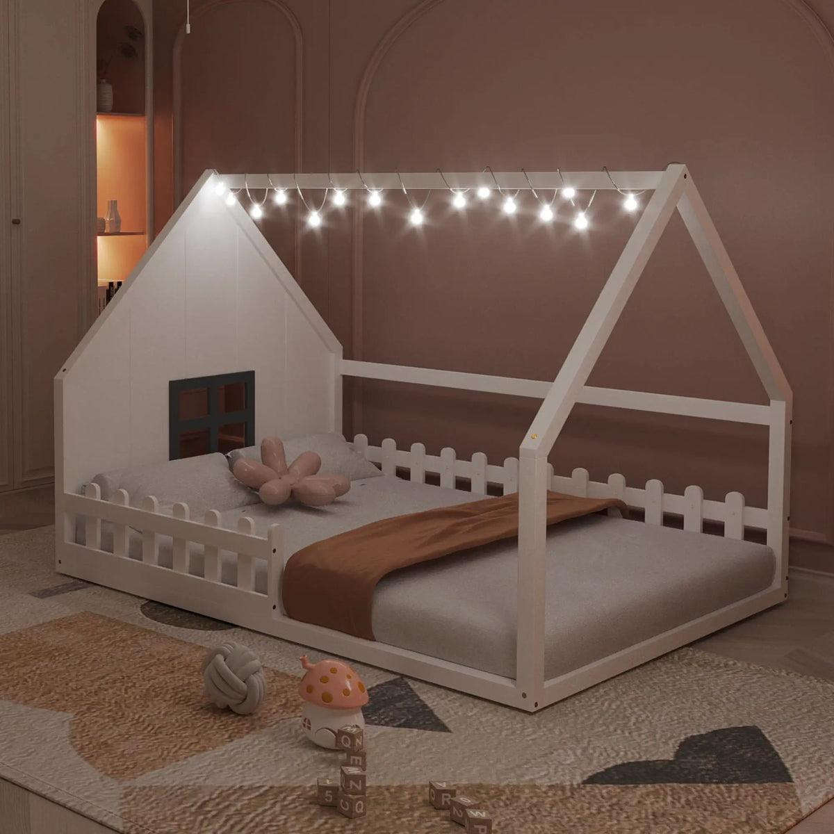 Platform House Bed | Window And Fence Design | Solid Pine Wood | Built-In LED Light