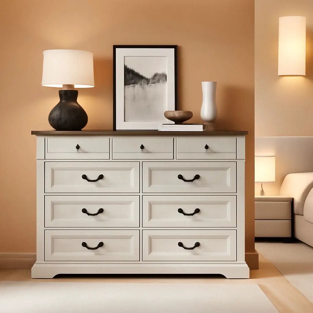 Beige Solid Wood Dresser Featuring Ample Compartments from PriceLows™