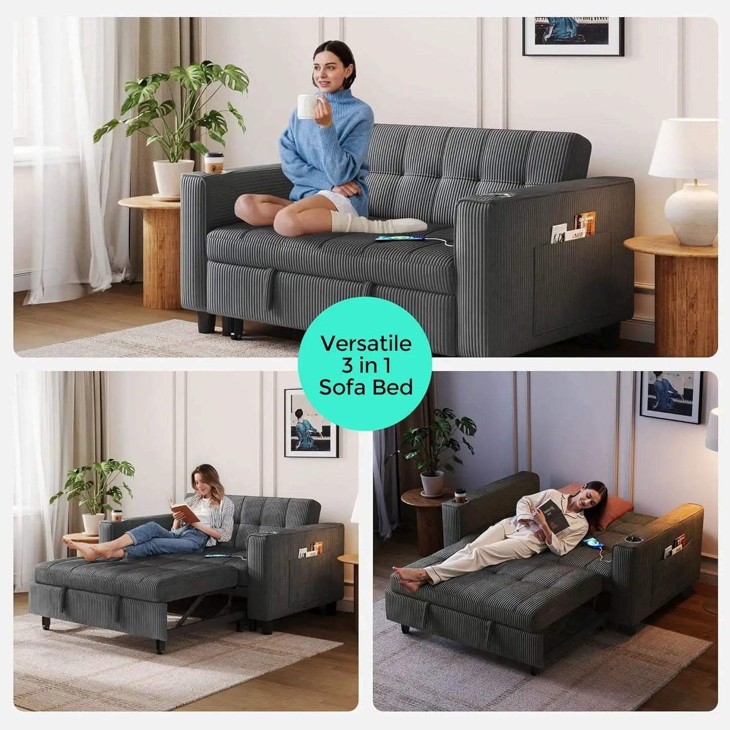 Corduroy Gray 54 Inch Multifunctional Sleeper Sofa from PriceLows™