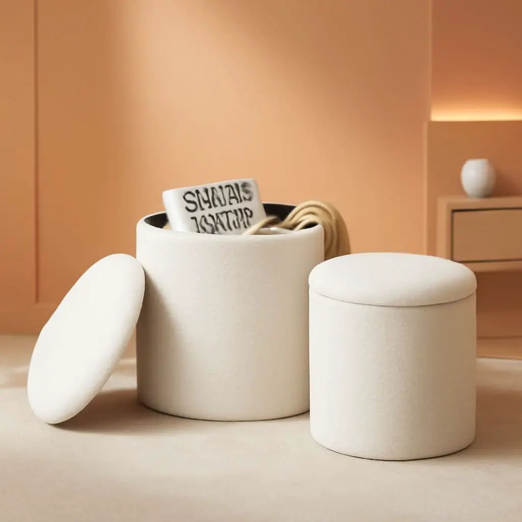 White Round Boucle Velvet Upholstered Storage Ottoman from PriceLows™