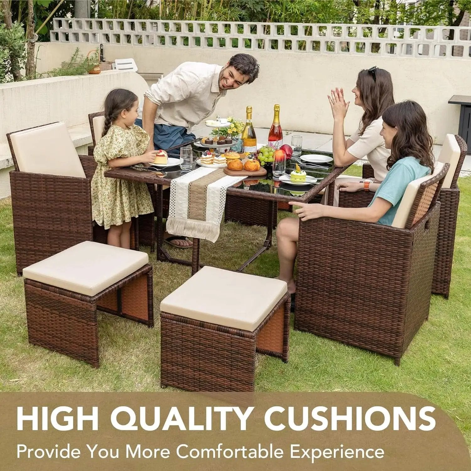 9 Piece Outdoor Patio Dining Set Rattan Chairs With Glass Table Beige Cushioned from PriceLows™