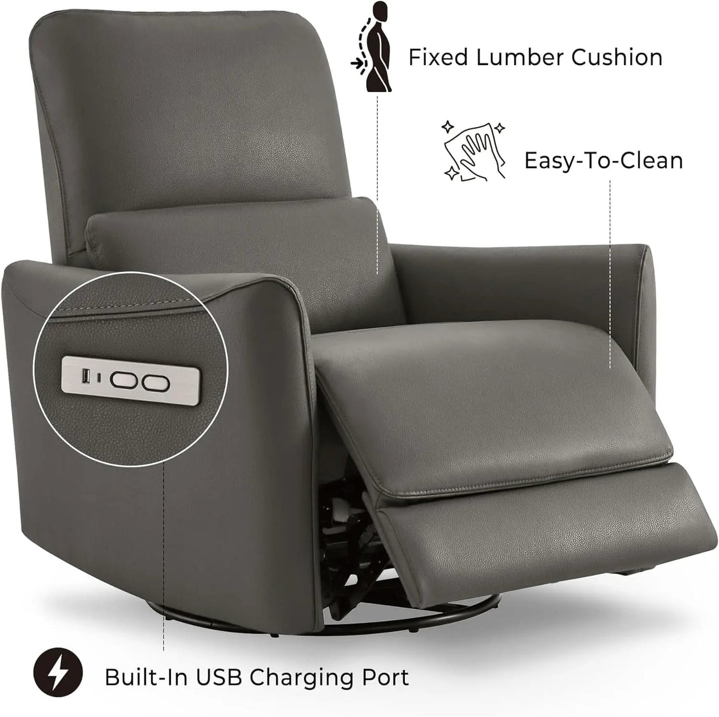 Power Recliner Chair USB Charging Charcoal Faux Leather from PriceLows™