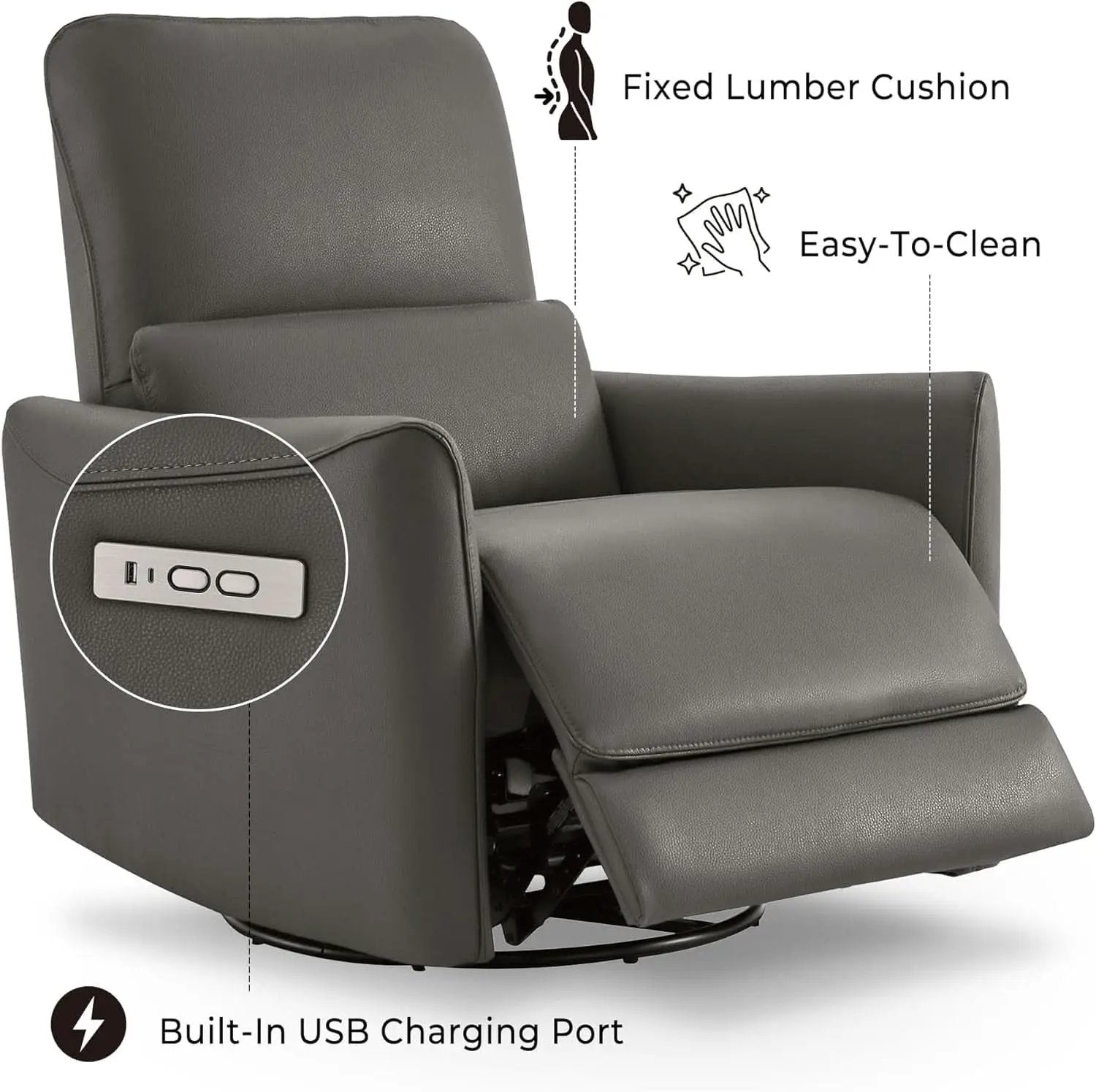 Power Recliner Chair USB Charging Charcoal Faux Leather from PriceLows™