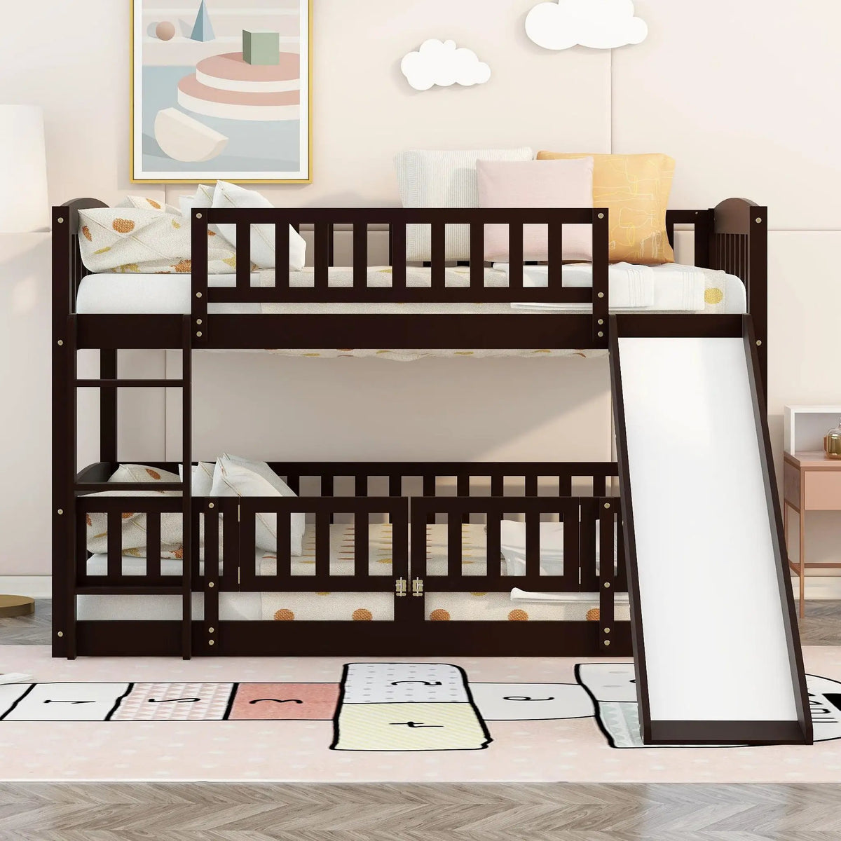 Low Bunk Bed With Slide | Fence And Ladder | Built-In Play Area | Kids Bedroom