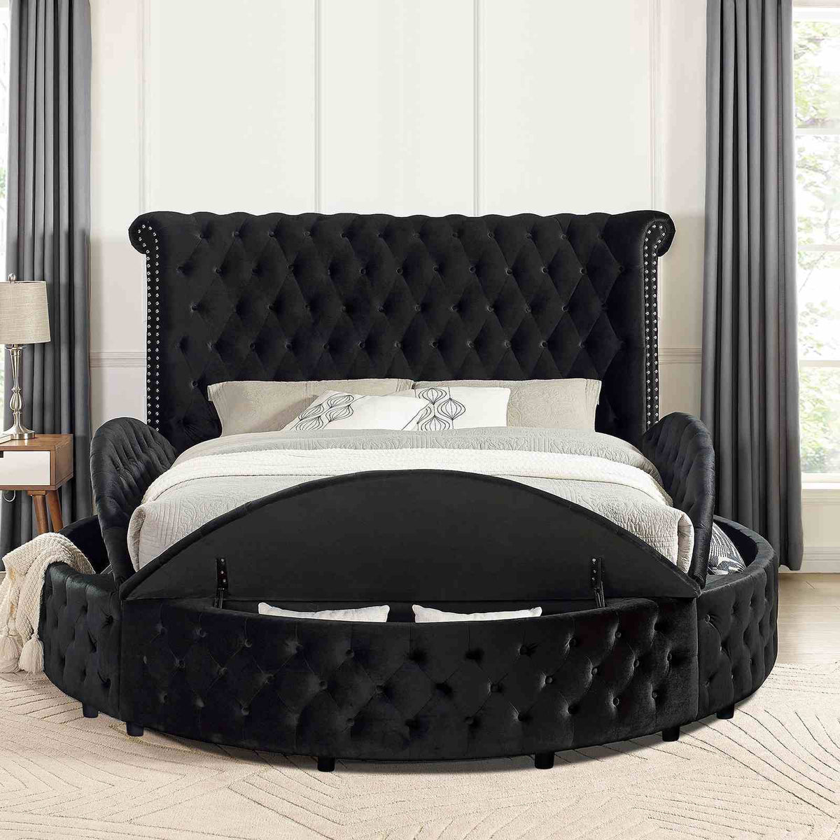 Glam Round Bed | Button Tufted Wingback Headboard | Storage | USB Ports