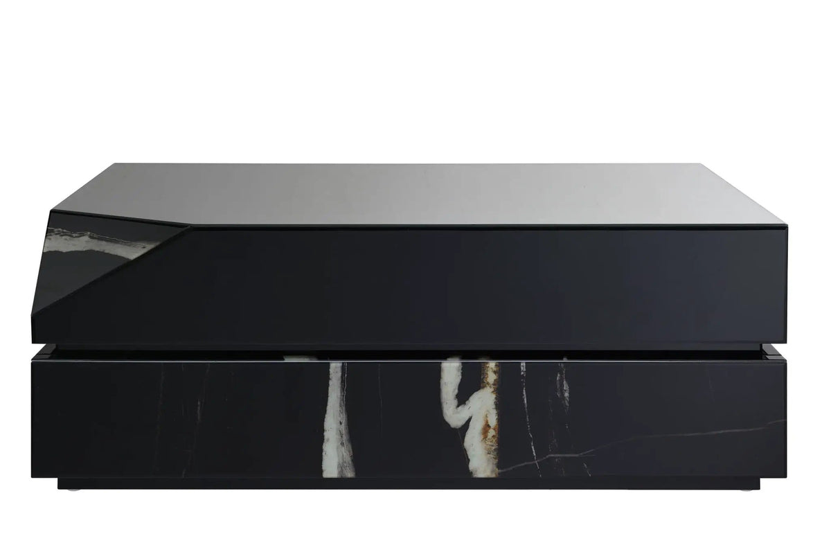 Wenona Mirrored Coffee Table | 28 x 47 x 18 in | Marble & Tempered Glass | Black