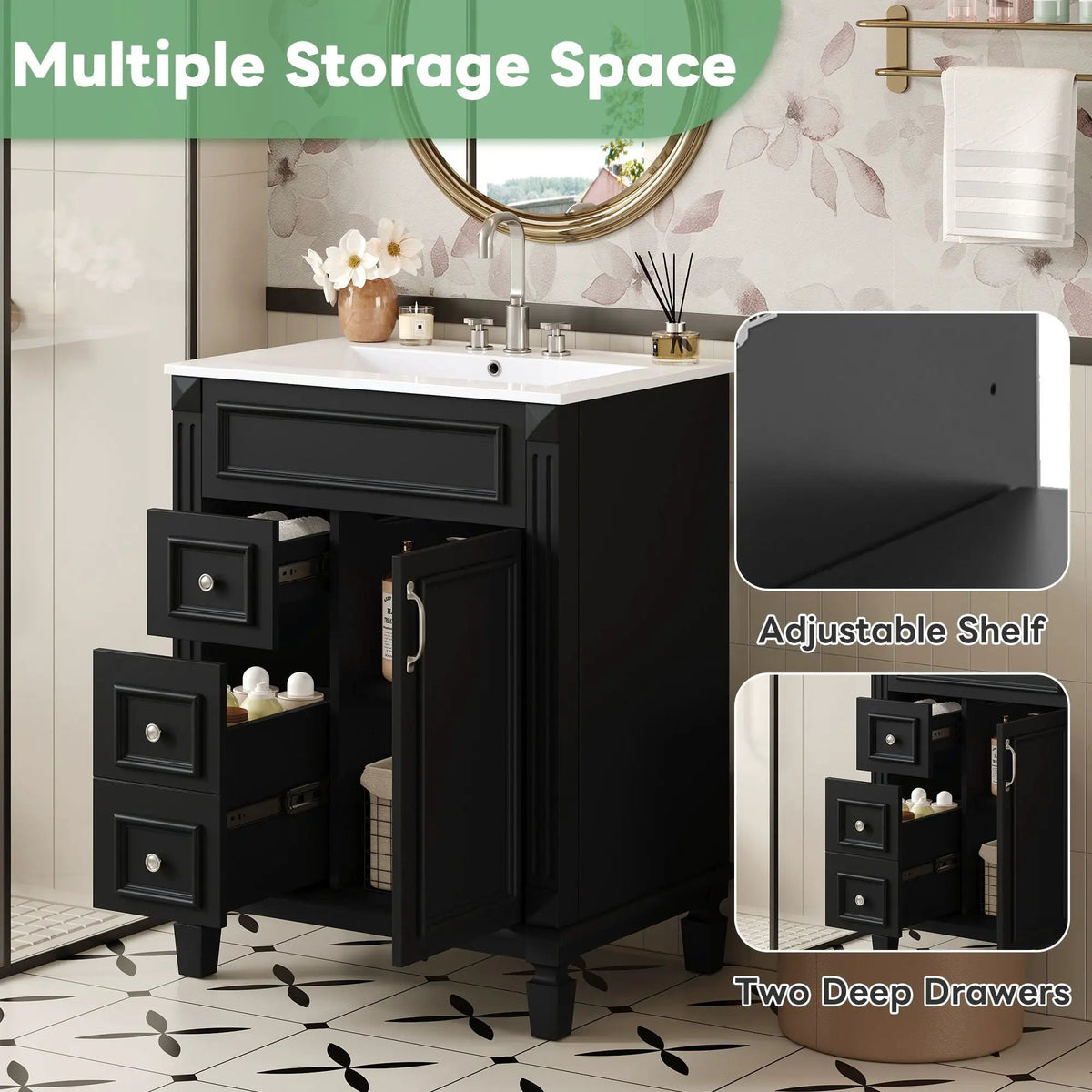 24 Inch Compact Bathroom Vanity | 2 Deep Drawers | Adjustable Shelf | Retro Button Handles