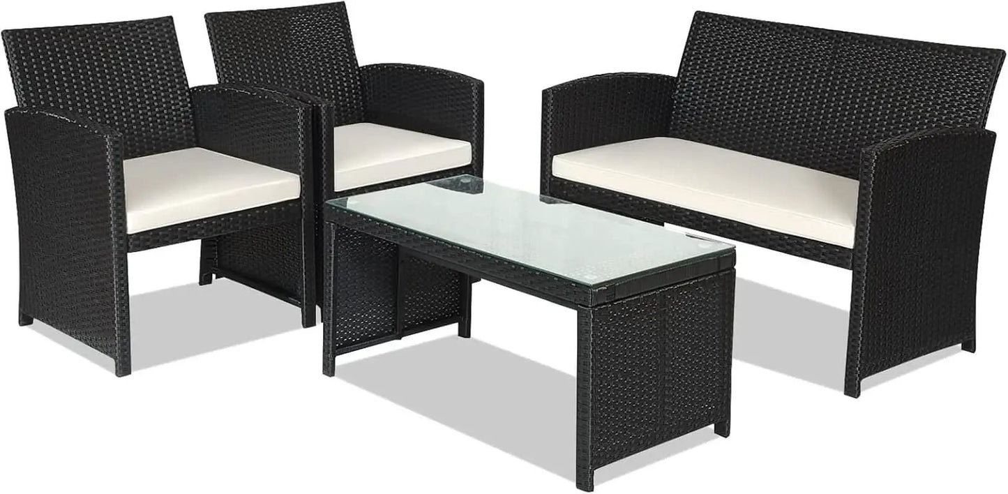 Rattan Outdoor Patio Furniture Set 4 Piece White Cushions from PriceLows™