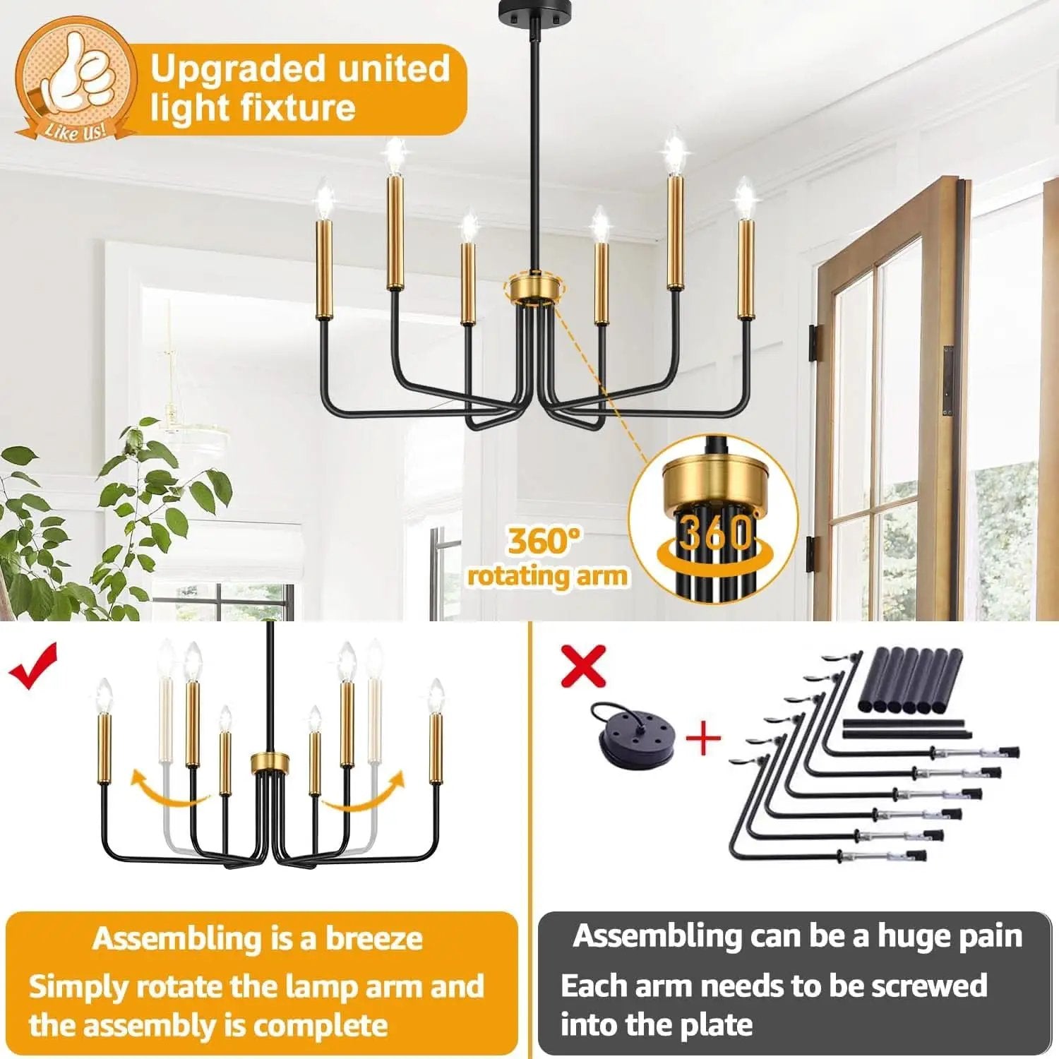 Black And Gold Six Light Farmhouse Chandelier For Dining Room from PriceLows™