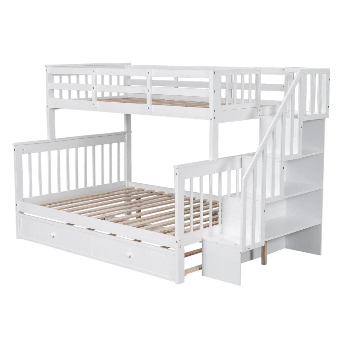 Twin Bunk Bed With Trundle | Hidden Stair Storage | Guard Rail | Bedroom Furniture