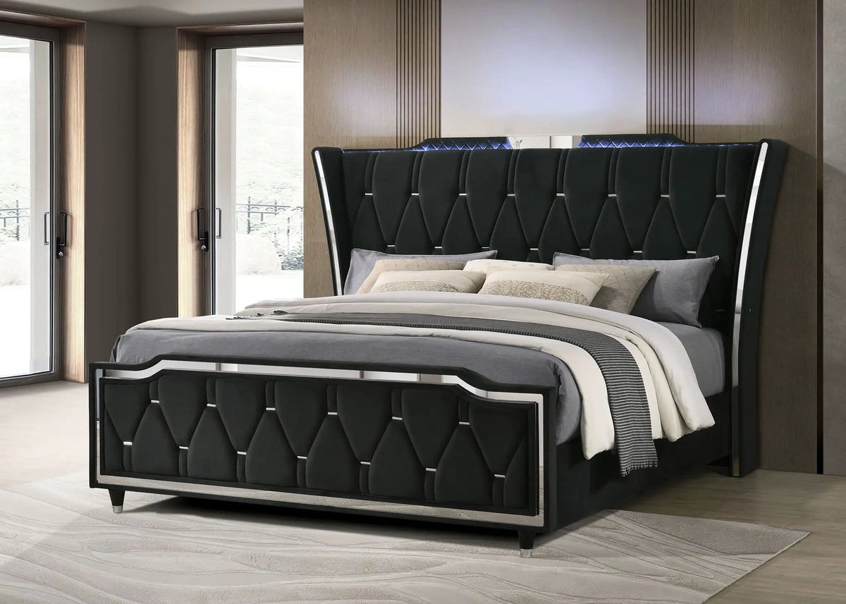Lorient Eastern King LED Upholstered Bed | 95.5 x 92.5 x 63.25 in | Rubberwood & Engineered Wood | Black