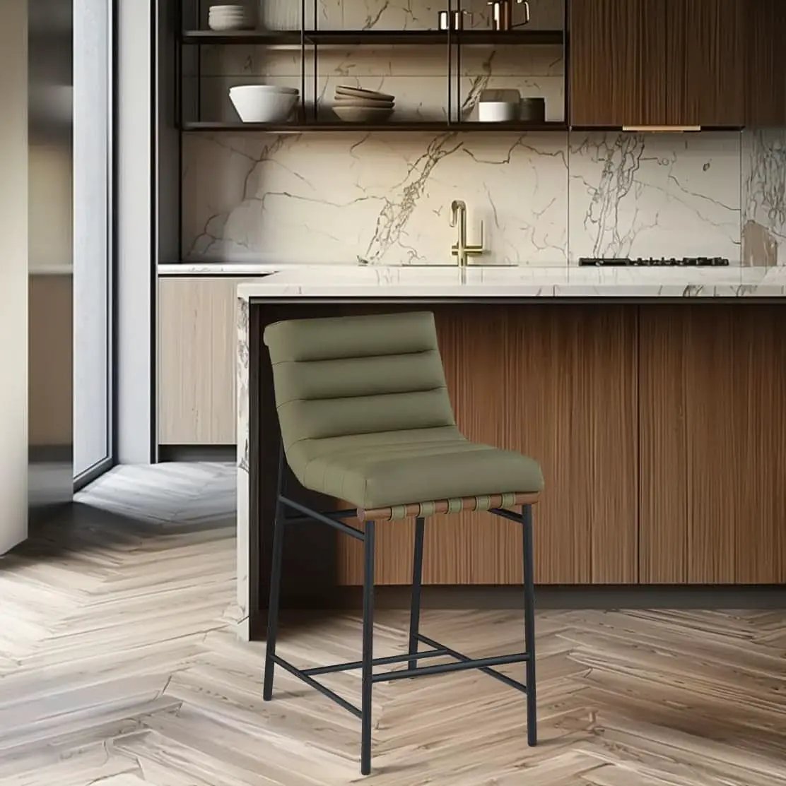 Olive Green Vegan Leather Counter Stool With Black Frame from PriceLows™