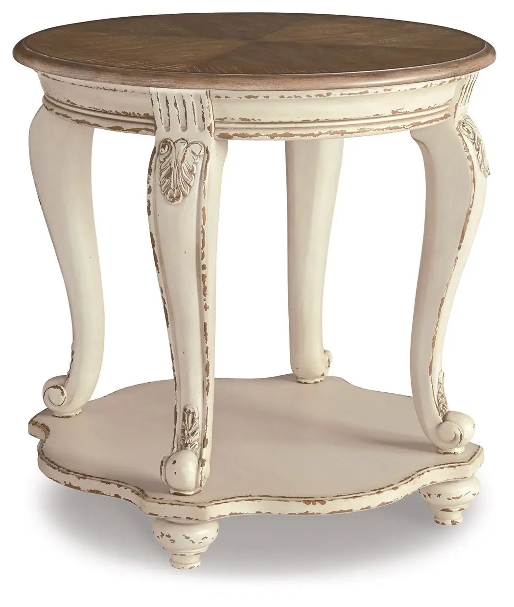Realyn Round End Table | White And Brown | Antiqued Two-Tone Finish | Ash Veneer