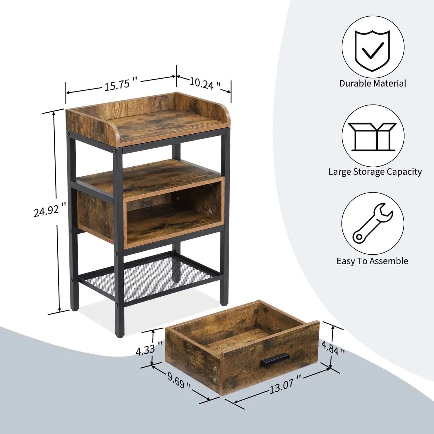 Industrial Three Tier Nightstand Set With Wood Grain Finish from PriceLows™