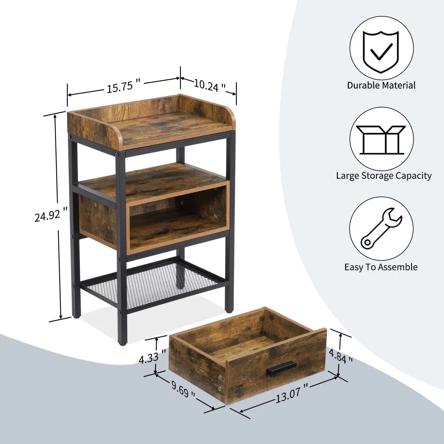 Industrial Three Tier Nightstand Set With Wood Grain Finish from PriceLows™