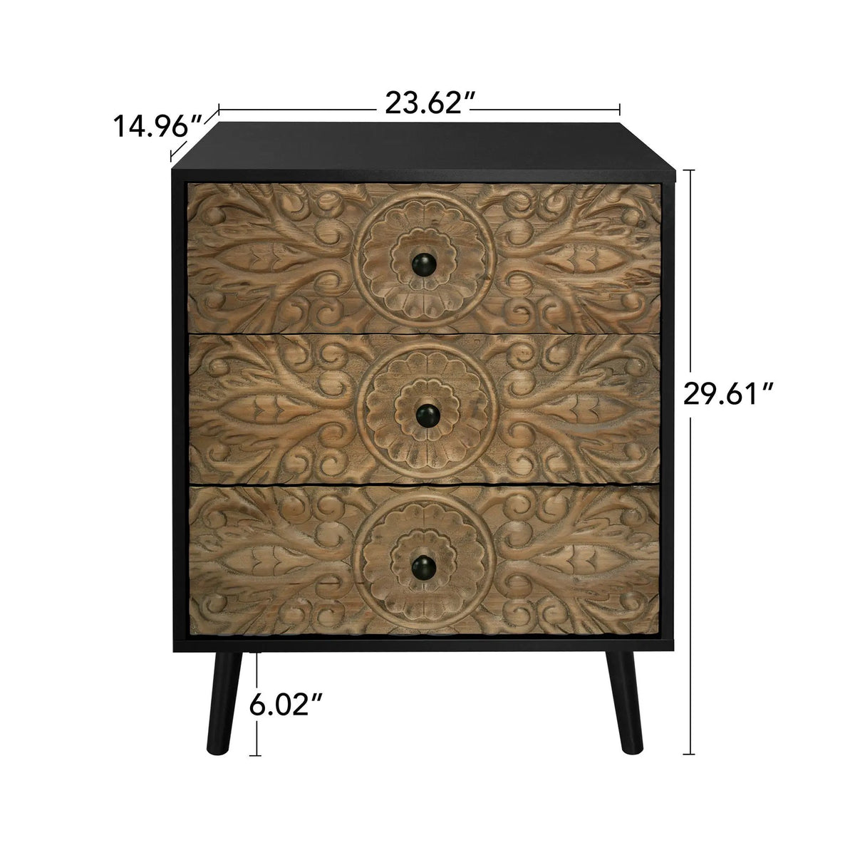 3 Drawer Nightstand | Solid Wood Panel | Hand Carved Relief | Black