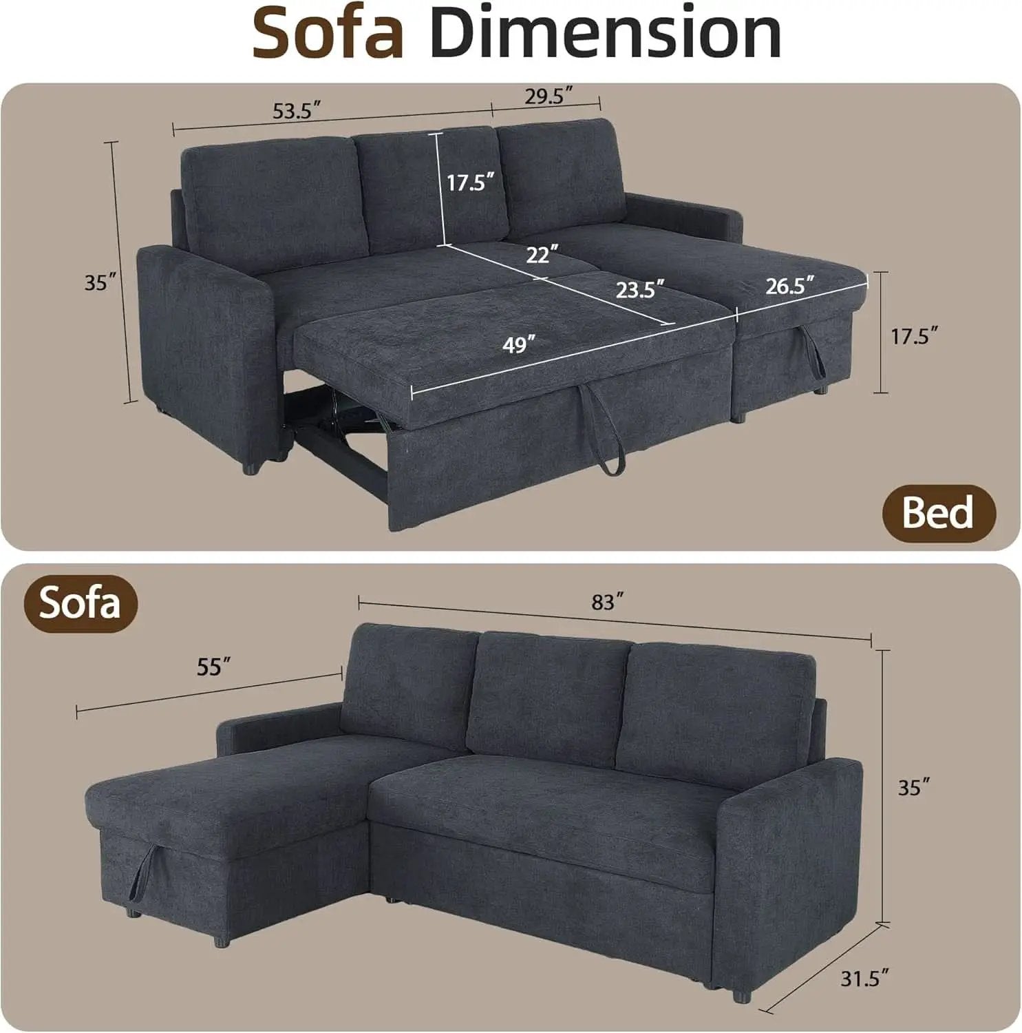 83-Inch Velvet-Black Pull-Out Sleeper Sofa With Storage from PriceLows™