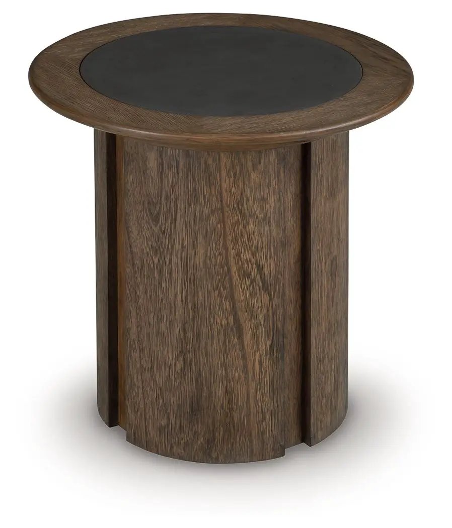 Dontayne Round End Table | Faux Cement Top | Warm Wood-Tone Finish | 24 Inch Diameter