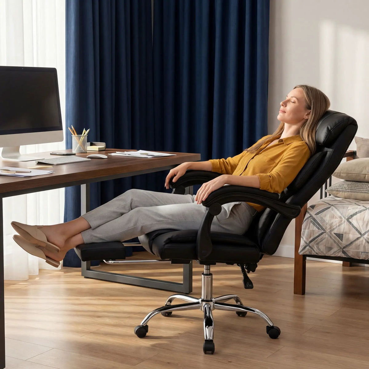 Executive Office Chair With Footrest | Adjustable Height | Reclining 135 Degree Tilt | Black